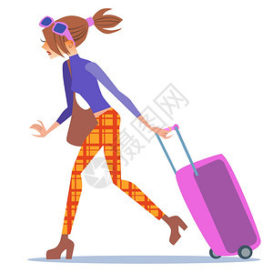 旅行女游客随行李箱旅美丽的红发女孩旅行游客随李箱旅图片