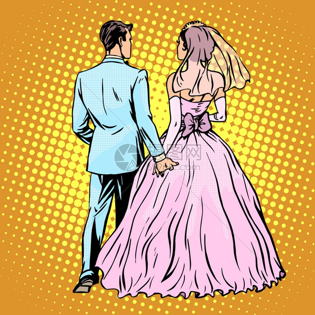 新郎新娘结婚手牵手背影复古卡通插画