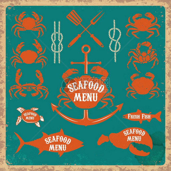 古老的海鲜餐厅标签徽章和图矢量说明图片