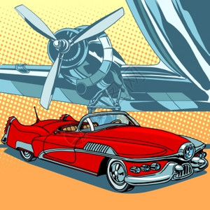 私人飞机与运输跑道上的红色汽车图片