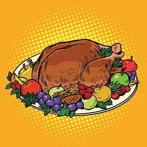 感恩节火鸡感恩节的炸火鸡饭流行艺术反向矢量说明插画