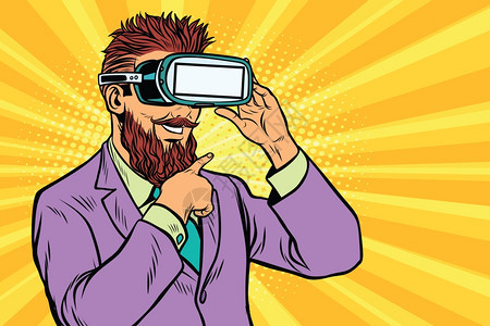 波普风戴着VR眼镜的男人矢量插画图片