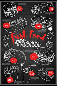 菜单黑白板手画汉堡热狗玉米卷苏打水的插图图片