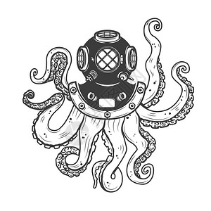 绘画班开课了长了章鱼触手的老式潜水头盔插画