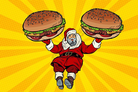 流行艺术反向矢量说明圣塔克拉斯和两个汉堡快餐礼物图片