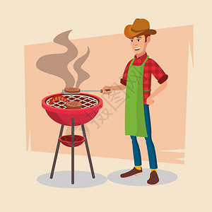 矢量烧烤工具炉与快乐男人的叉子平坦漫画插图图片