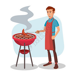 矢量男人在烹饪烤肉卡通人物插图图片