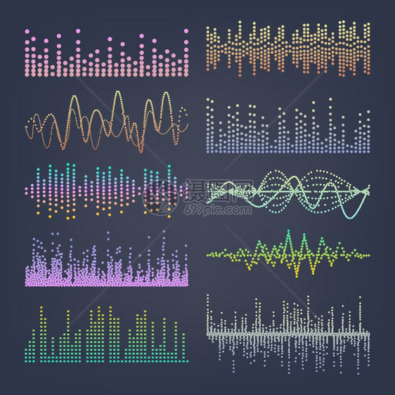 音乐声波矢量典型的音波来自均衡器音频技术乐脉冲插图音乐声波矢量脉冲抽象数字频率轨迹等量显示图片
