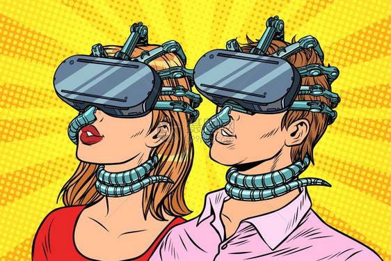 头戴VR虚拟器的年轻男女复古卡通插画图片