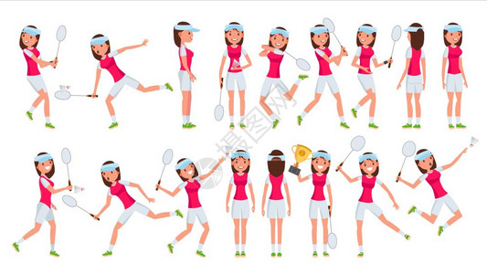 羽毛球女玩家不同动作卡通插画图片