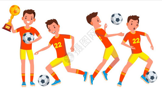 运动中现代制服球靴卡通足球男玩以不同姿势踢球卡通插图图片