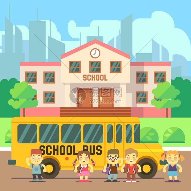 在学校校车前等待的学生们插画图片下载-正版图片302043198-摄图网