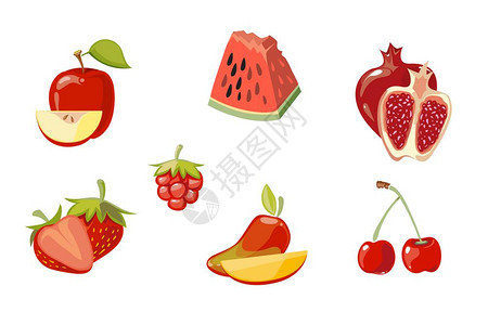 石榴png各种红色水果苹果西瓜石榴草莓樱桃矢量元素插画
