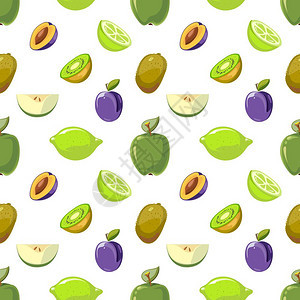 白色背景上的绿和蓝水果无缝模式猕猴桃苹果背景矢量图图片