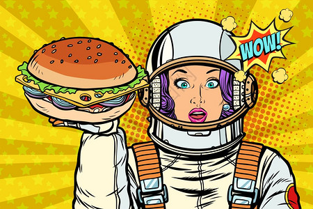 带汉堡的饥饿女宇航员图片