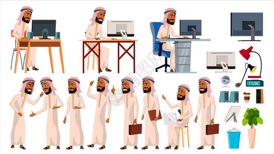 阿拉伯男办公面部情绪手势动画元素图片