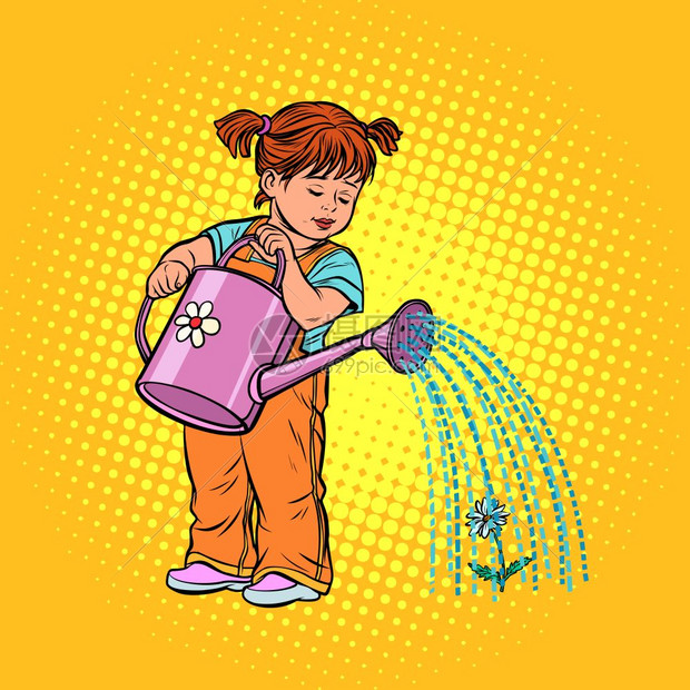 波普风女孩拿着水壶给花浇水矢量插图