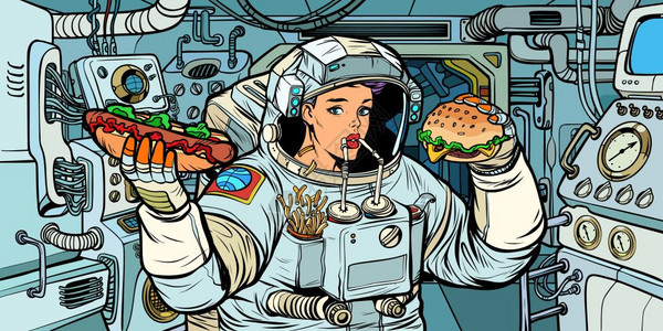 女宇航员在太空船上吃东西图片