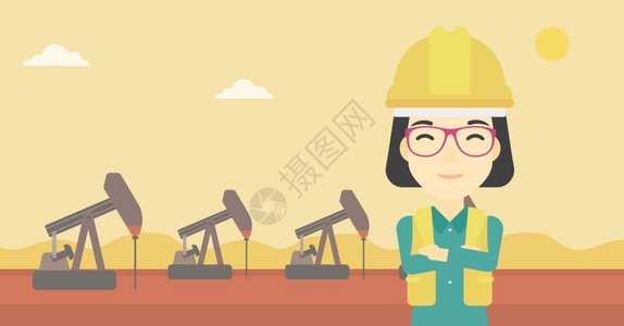护具安全帽亚洲女石油工人矢量插图背景插画