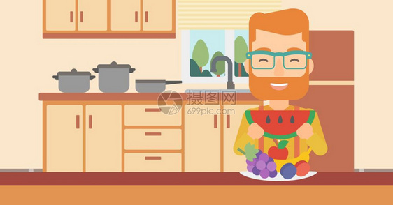 厨房里站在餐桌水果拼盘前吃西瓜图片