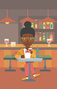 在酒吧喝酒的女子矢量插画图片