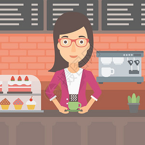 站在柜台里喝咖啡的女子图片