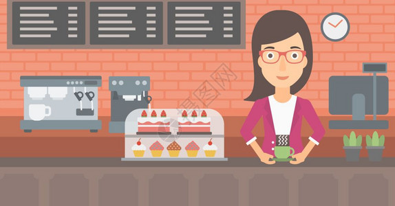 一位站在柜台里喝咖啡的女子图片