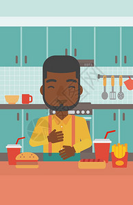 站在厨房里吃垃圾食品的非裔男子矢量插画图片