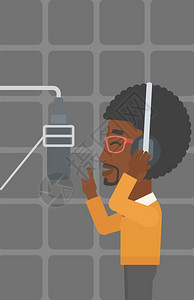 在录音室唱歌的非裔男歌手矢量插画图片