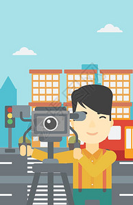 电视拜年视频素材一名亚洲青年摄影师在三脚架上观看摄像头矢量插图插画