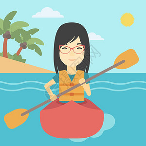 一名亚裔运动妇女在海上的皮艇里滑行矢量设计图图片