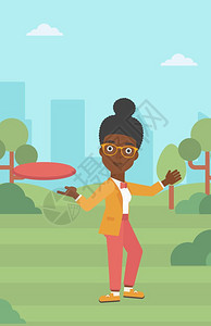一名黑人女孩在公园里玩飞盘矢量图图片