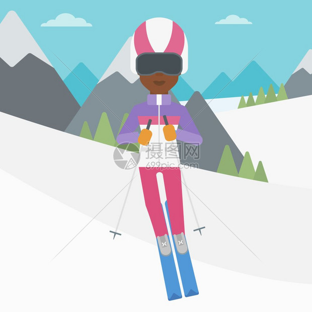 在雪峰上滑雪的非裔女子图片