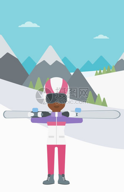 一名在雪山上背着滑雪双板的非裔女子图片