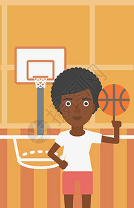 在球场上转篮球的非裔女球运动员矢量图图片