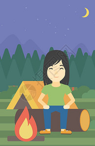 坐在帐篷篝火旁的女子矢量图图片