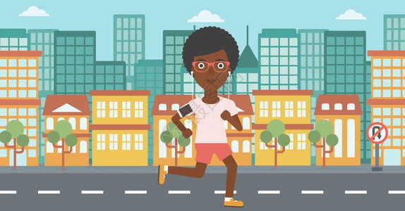 一名非裔女子在城市中跑步卡通矢量插画图片