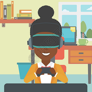 佩戴虚拟现实头盔微笑着的女人与无线游戏控制器玩电子游戏矢量平面设计插图图片
