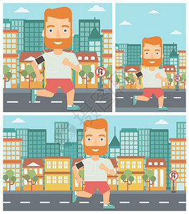 男人戴着智能手机边听音乐边跑步矢量卡通人物图片