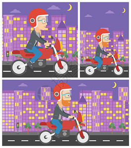 戴头盔的年轻人骑着摩托车在夜间城市穿梭图片