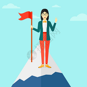 在山顶举着旗子的亚洲女人背景图片