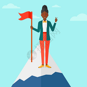 在山顶举着旗子的非洲女人背景图片
