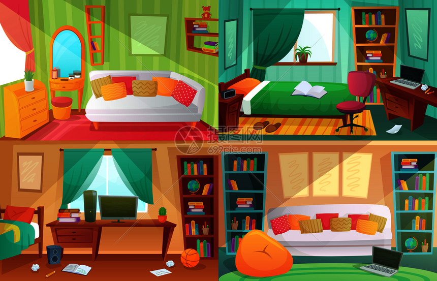 的肮脏干净卧室卡通矢量插图青少年大学公寓和家居室内具卡通矢量图