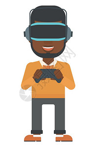 一名非洲美国人身穿虚拟雷射头盔手持遥控器图片