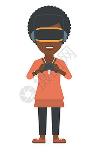 一名非洲美国妇女身着虚拟雷射头盔手持遥控器矢量设计插图图片