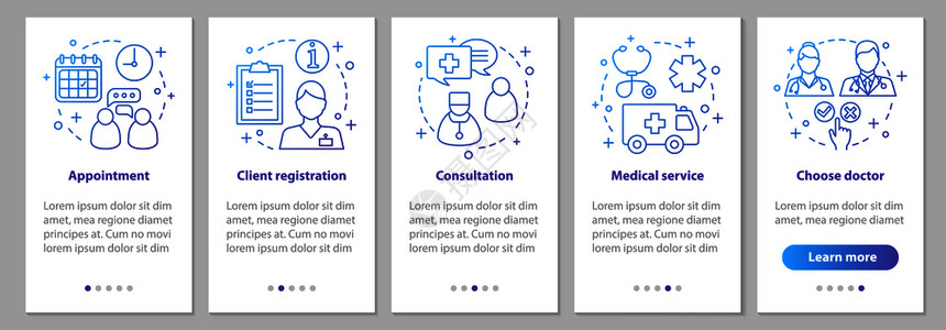 具备线概念的移动应用程序页面屏幕上的医疗服务学私人诊所步骤医疗预约生门诊uxi带有插图的gui病媒模板使用线CO的移动应用程序页图片
