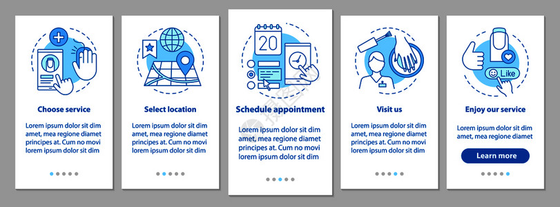 美甲页面装有线概念的移动应用程序页面屏幕上的指甲沙龙修师的指定服务步骤图形指示uxi带插图的gui矢量模板插画