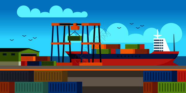 在海港工业码头装货集箱海运物输平板船坞病媒概念在码头装船舶在海港工业码头装货集箱图片