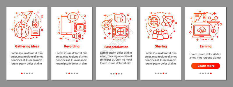 视频想法记录邮寄制作共享赚钱步骤图形指示uxig带插图的矢量模板vloginmbalp页面屏幕上带有线概念图片