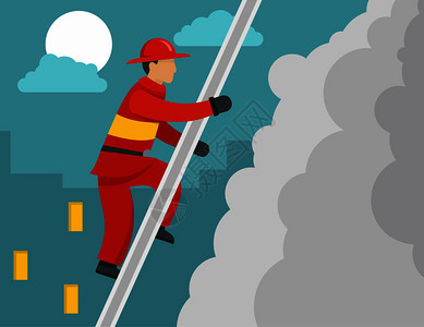 消防员爬梯子救火矢量卡通插画图片